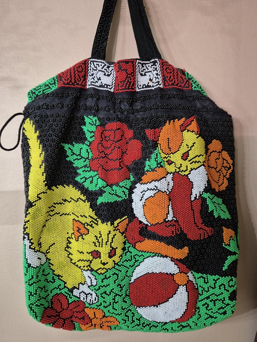 Vintage 1970s Handbeaded Neon Cat Handbag